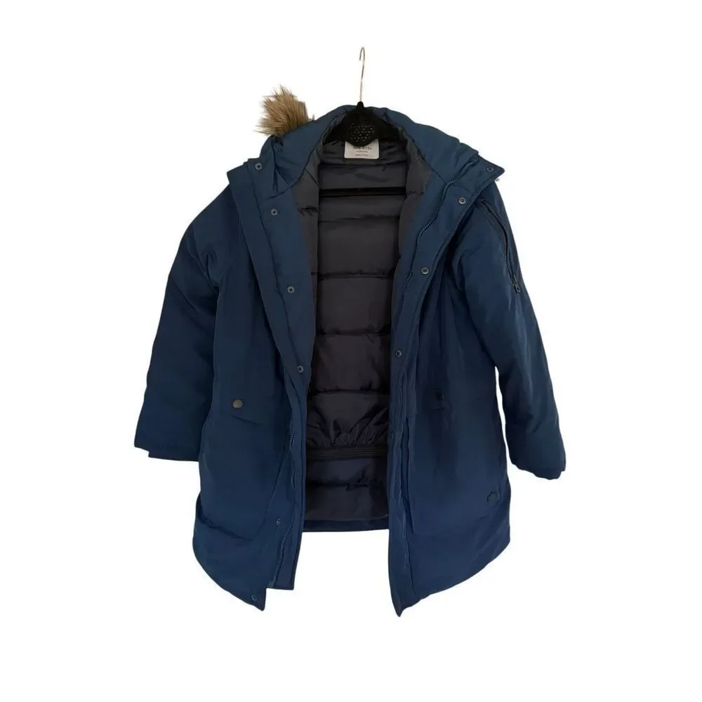 Zara Kids Navy Blue Faux Fur Trim Hooded Full Zip Down Parka Jacket Size 11/12